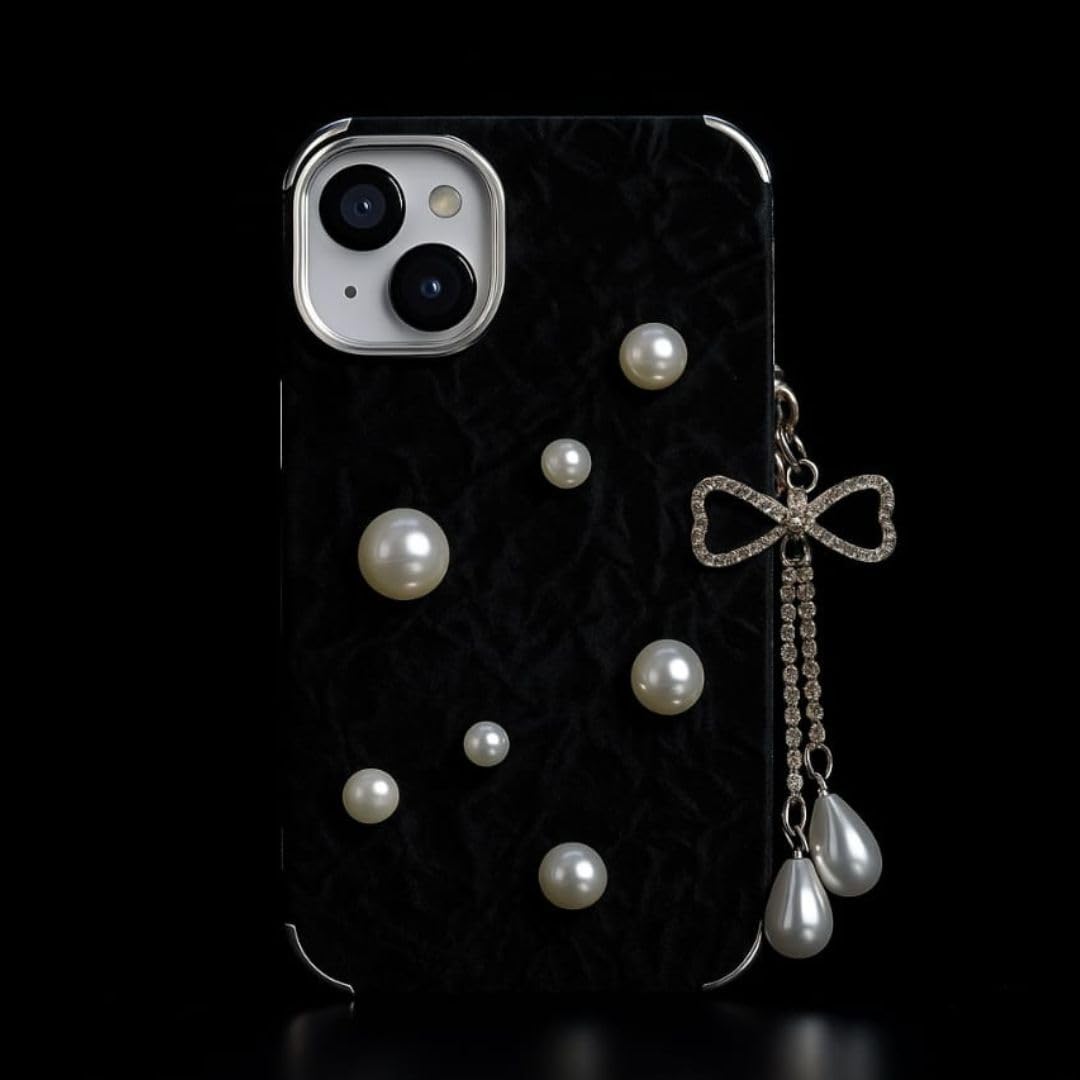 Clothemyphone iPhone 15 Diamond Velvet Phone Case with Pearl Studs